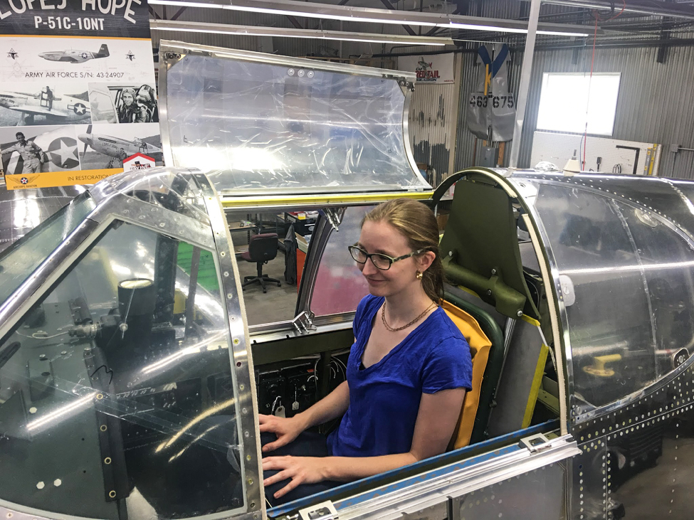 Laura experiences what her grandfather felt and saw in the cockpit of Lope’s Hope 3rd. (photo via AirCorps Aviation)