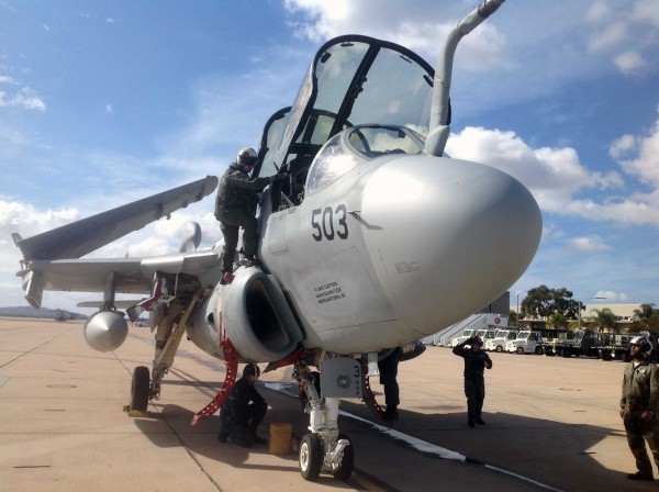 The Flying Leathernecks Aviation Museum's Grumman EA-6B Prowler shortly after she arrived at MCAS Miramar on February 4th. (photo via Flying Leathernecks Aviation Museum)