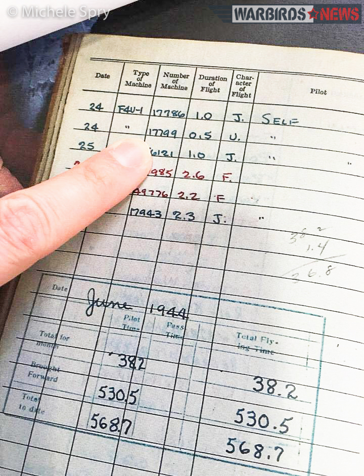 Ferrill Purdy's logbook showing his first brief flight in 17799 on June 24th, 1944 from VMF-441's base on Roi-Namur an island in the Kwajalein atoll. (photo Michele Spry via Chris Fahey)
