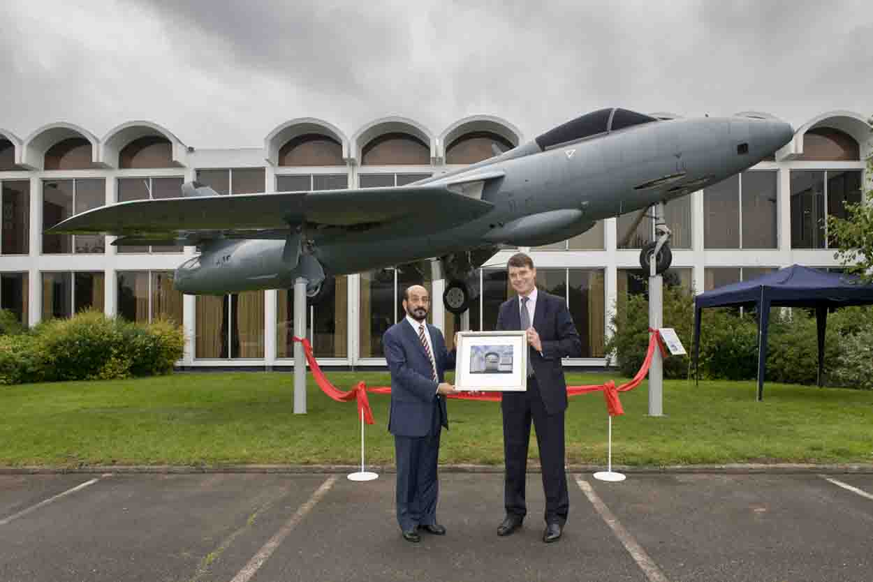 The RAF Museum’s Hawker Hunter FR10 gate guardian was donated in 2003 by Sultan Qaboos bin Said Al Said. It was unveiled in its current location in 2011 by the RAF Museum’s Director-General, Air Vice-Marshal (ret’d) Peter Dye and Air Vice-Marshal Yahya bin Rasheed Al Juma, then Commander of the Royal Air Force of Oman.