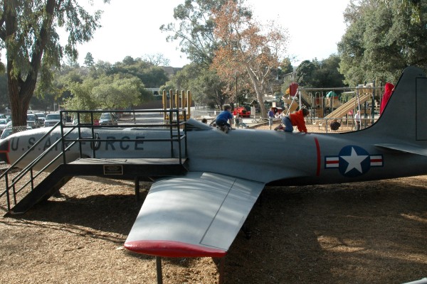 The Lockheed T33-A Shooting Star jet trainer plane at the Oak Meadow Park playground. It was built in 1954 and has been on loan to Los Gatos from the Air Force since 1974.
