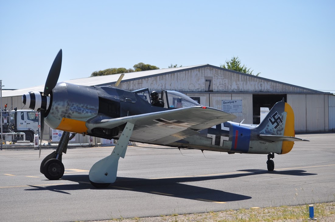 The Fw 190 in Australia, shortly before the canopy was damaged. This aircraft is based upon the remains of an original Fw-190A-8, Wk.Nr. 173056, but contains significant sections built by Flugwerk. (photo via Phil Buckley)