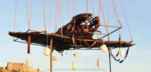 Reggiane Re.2000 Cat Falco few seconds after it was lifted out of the Ligurain sea waters. ( Image credit: Troupe Azzura)