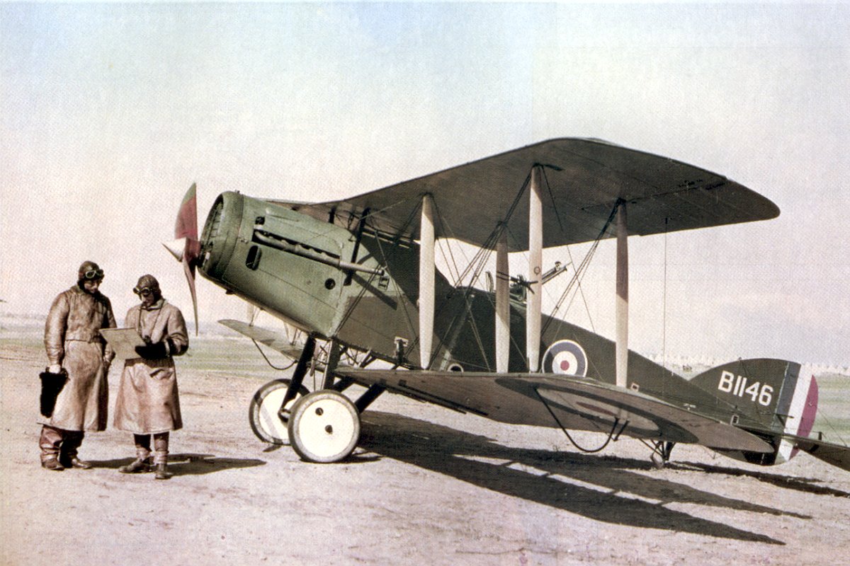 Lieutenant Ross Smith (left) with a No. 1 Squadron Bristol Fighter, Palestine, February 1918. (photo/caption via Wikipedia)