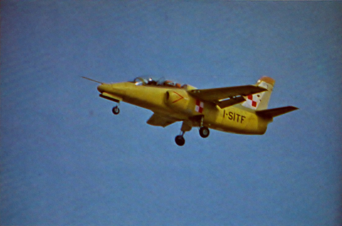 The S.211 on its first flight, April 10th, 1981; flying from Milan's international airport. (photo via Wiki)