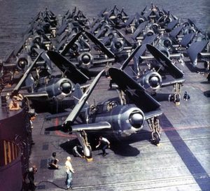 U.S. Navy Curtiss SB2C-1 Helldiver bombers Bombing Squadron Five (VB-5) pictured on the flight deck aboard the ciarctaft carrier USS Yorktown (CV-10).