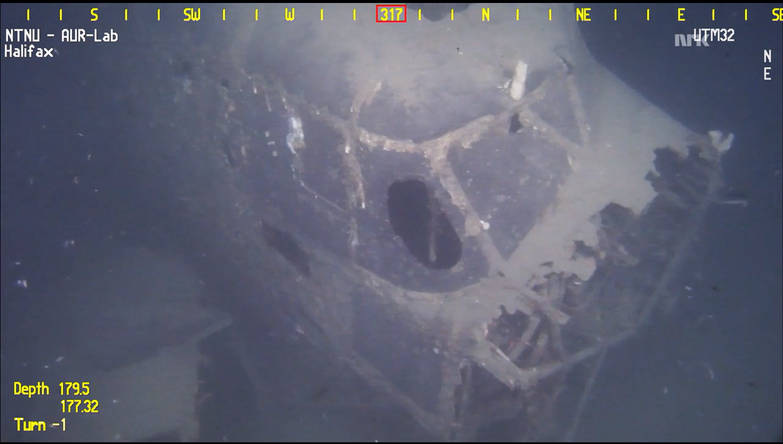 The cockpit from the Handley Page Halifax recently discovered off the Norwegian coast. (screen capture of video fromNTNU AUR-LAB)