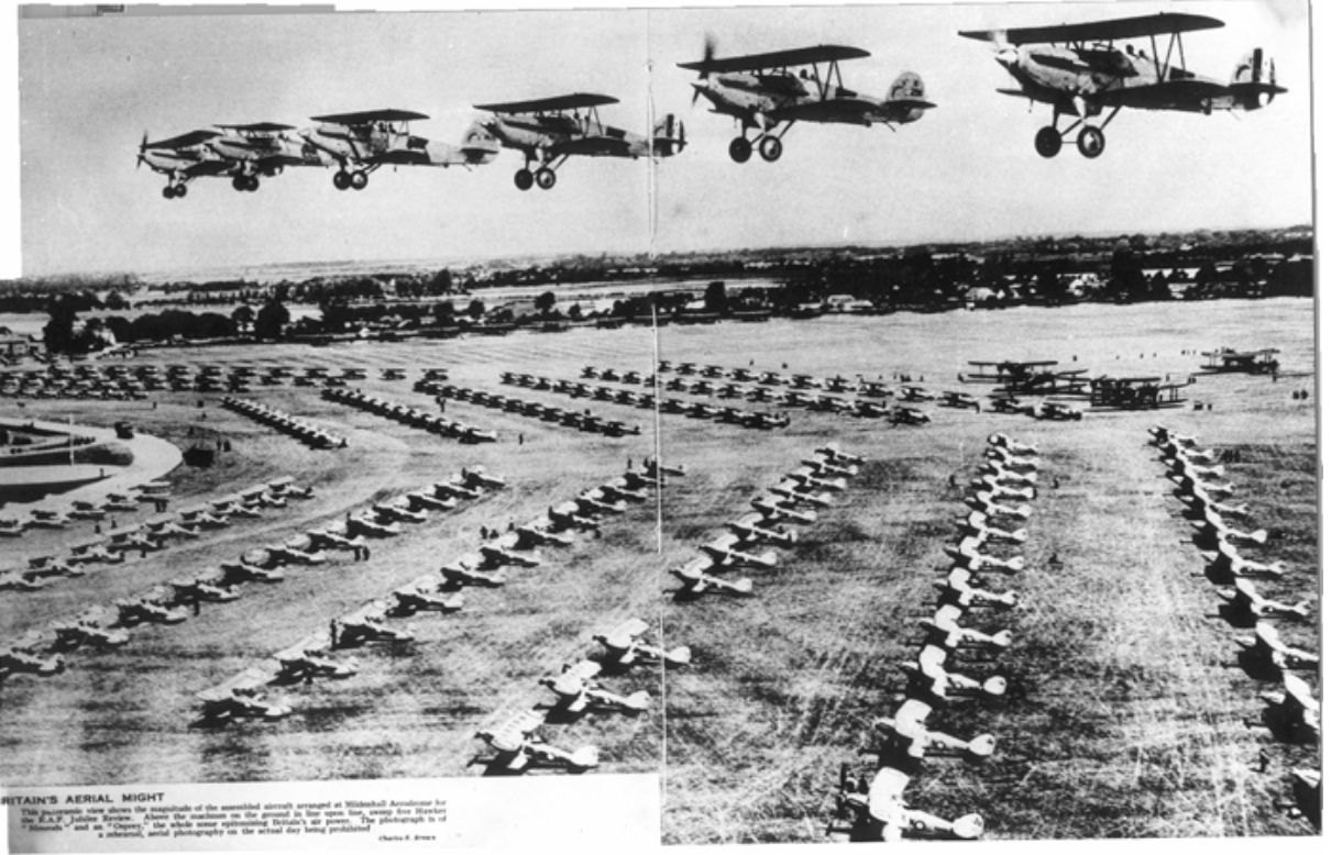 Over three hundred and fifty Royal Air Force aircraft lined up at RAF Mildenhall in 1935 for review by King George V during his Silver Jubilee year. (photo via RAF Mildenhall) 
