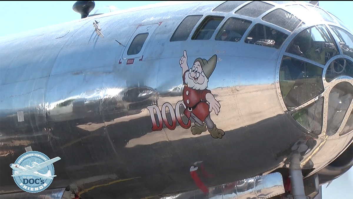 A close up of Doc showing the reflection of a running engine on her shiny fuselage. (photo via Doc's Friends)