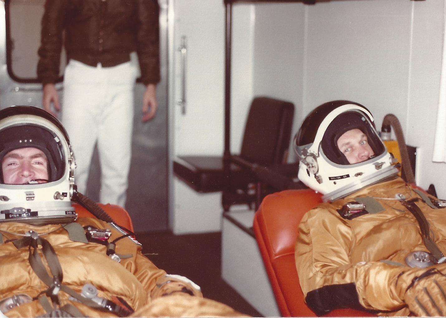 Les Dyer (L) and Mike Shelton (R)  photographed in the Physiological Support Division van going out to fly  in Okinawa in 1984. ( Photo via Les Dyer)