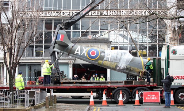 Technicians carefully load Spitfire FR.XIVe MT847 onto a flatbed lorry for shipment to the RAF Museum Hendon on February 9th (photo Chris Foster, via RAF Museum)