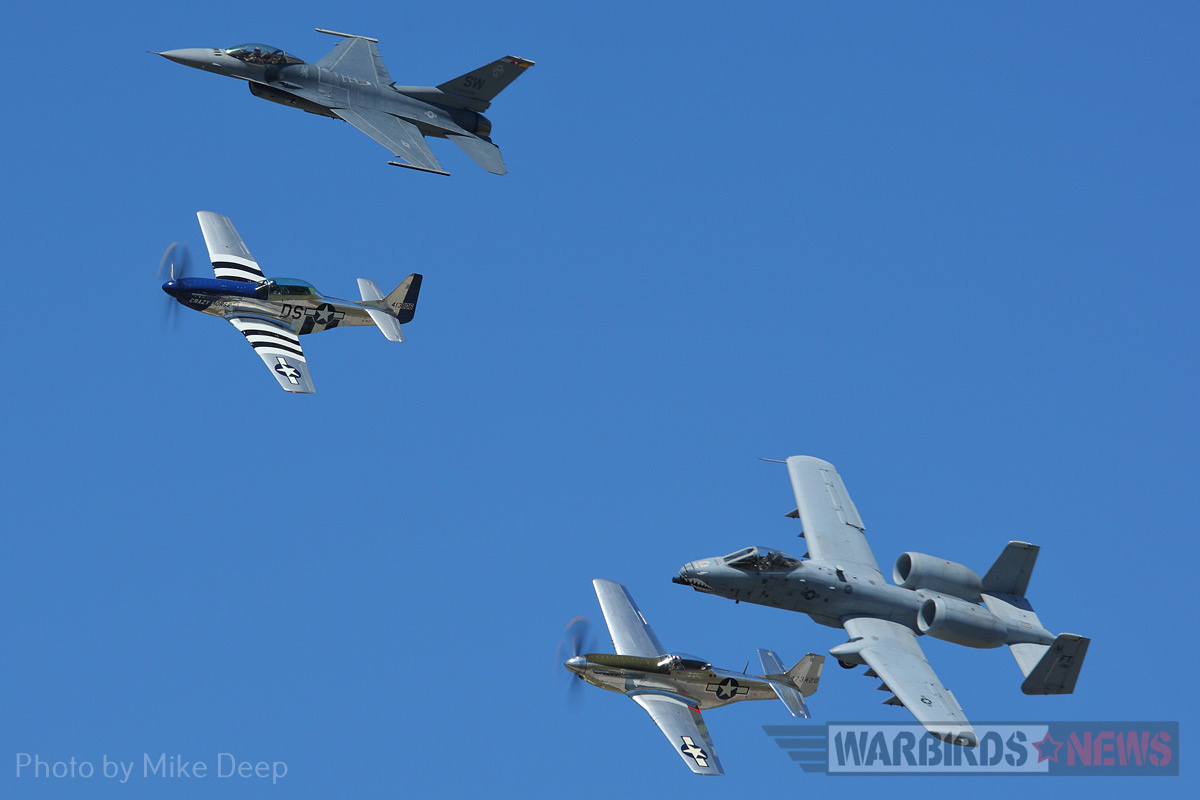 Lee Lauderback pilots ‘Crazy Horse²’ in his final Heritage Flight on Thursday. Two Mustangs, an F-16 Fighting Falcon, and an A-10 Warthog made up this special formation. 