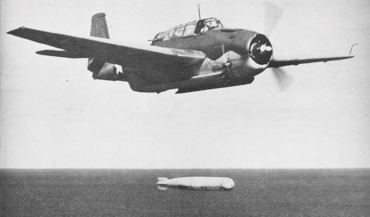 A U.S. Navy Grumman TBF-1 Avenger dropping a torpedo in late 1942 or early 1943.USN - U.S. Navy Naval Aviation News 15 February 1944 9 Source Wikipedia)