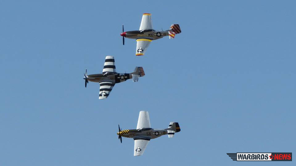 The Bremont Horsemen with Dan Friedkin, Ed Shipley and Steve Hinton flying in perfect formation in their P-51 Mustangs. (photo by Elena DePree)
