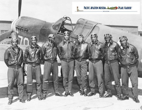 Tuskegee Airmen - Circa May 1942 to Aug 1943 Location unknown, likely Southern Italy or North Africa. Class 42-I graduated from flight training on October 9, 1942 at Tuskegee Army Air Field in Alabama Left to right: Nathaniel M. Hill, Marshall S. Cabiness, Herman A. Lawson, William T. Mattison, John A. Gibson, Elwood T Driver, Price D. Rice, Andrew D. Turner Album IDD: 833684 Photo ID: 25502027 .Source Wikipedia