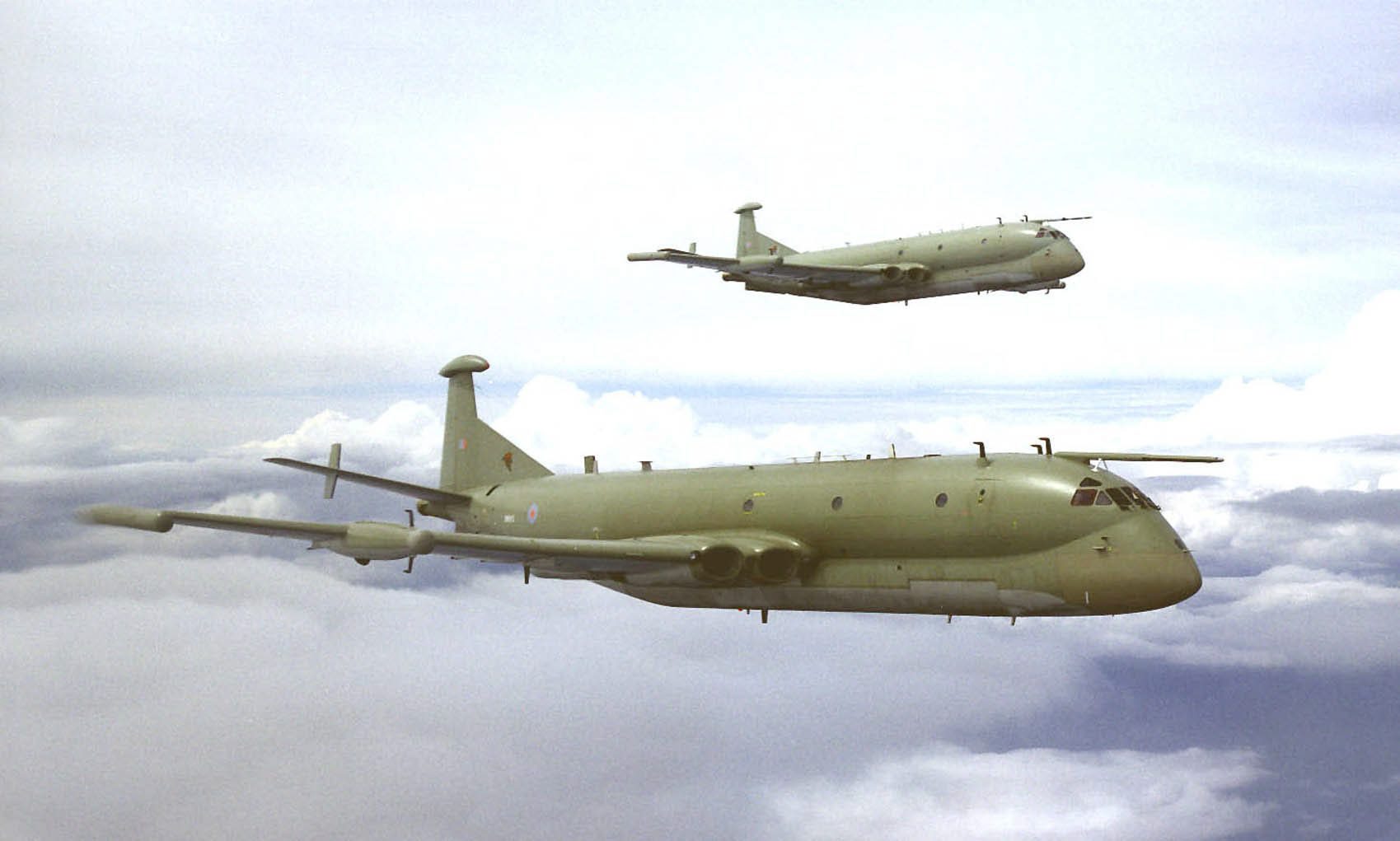 Two Nimrod R1s of 51 Squadron, based at RAF Waddington, pictured flying in formation when still wearing their "hemp" camouflage. XV249 is quite possibly pictured here. (photo via Wikipedia)