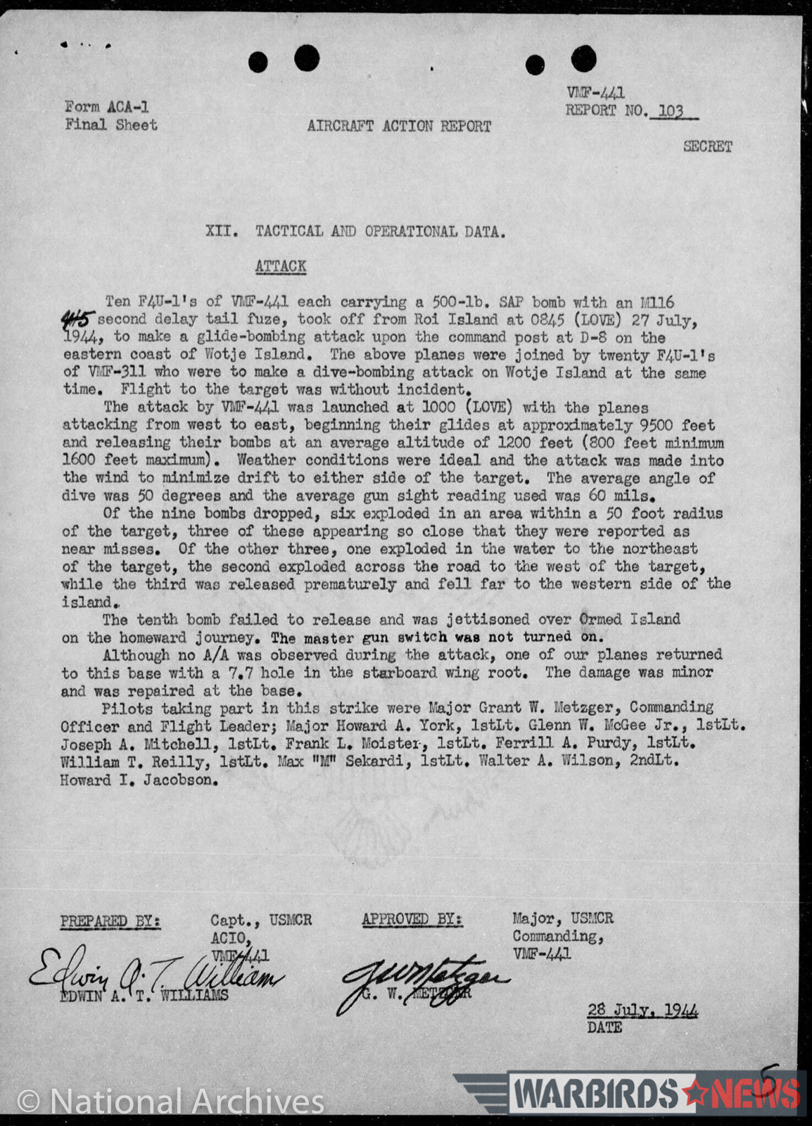 VMF-441 Operational Log for July 28th, 1944 detailing an attack by the squadron's Corsairs upon an enemy installation on Wotje Island. (image via Chris Fahey) 