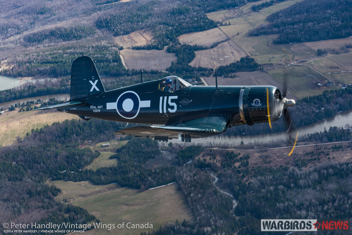 Another gorgeous shot of the Corsair over the local farmland. (photo by Peter Handley)