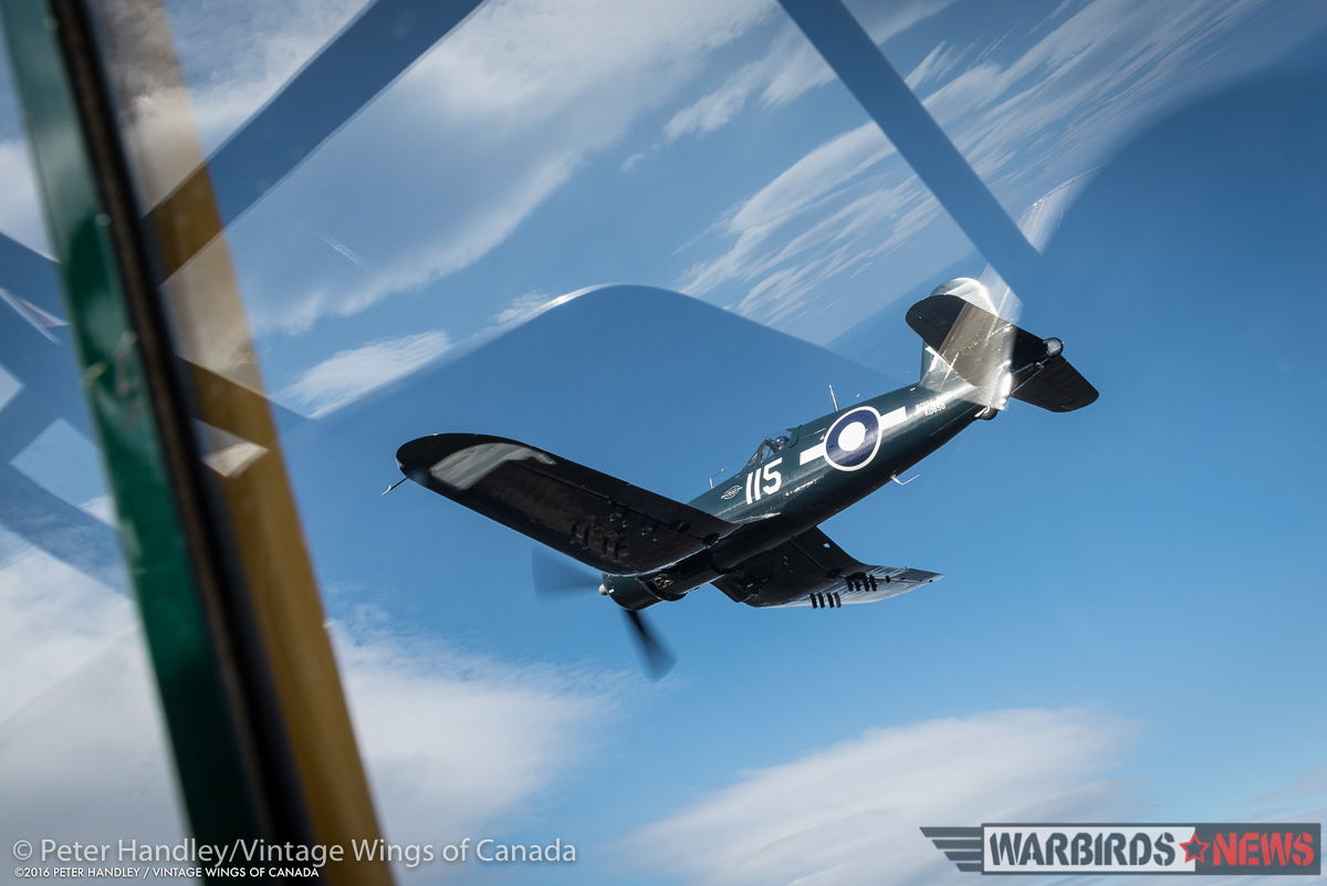 A view from inside the  Harvard as John Aitken pulls her in beside  the Corsair. (photo by Peter Handley)