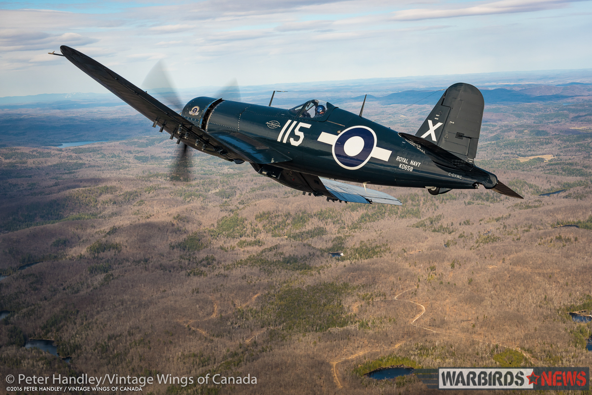 Paul Kissman aloft in Vintage Wings of Canada's FG-1D Corsair over the Gatineau Hills during the fighter's first flight in three years. (photo by Peter Handley)