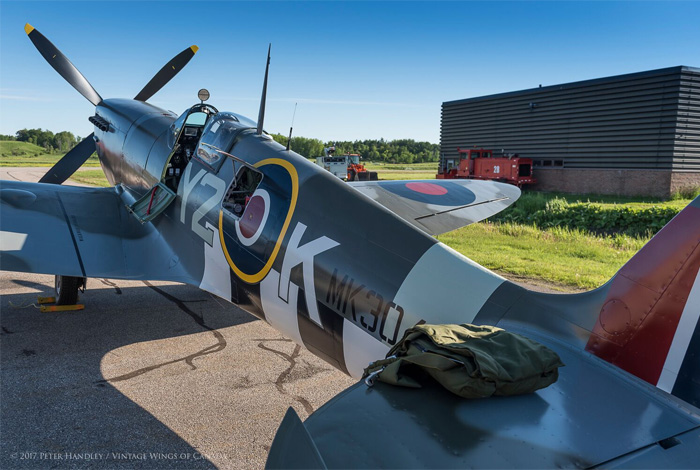 After many years, Spitfire Mk IX TE294, wearing the markings and serial number of Y2-K, a 442 Squadron Spitfire, sits in the morning sun on the ramp at Vintage Wings of Canada, ready to go flying for the first time in many decades. The build is finished, the engine tested, taxi tests complete and the weather is gorgeous. Nothing left to do now except go flying. Photo: Peter Handley, Vintage Wings of Canada