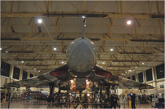 XH558 now on jacks, awaiting work to begin on the wing modifications in 2014. The areas affected are clearly seen as bare metal on either side. Picture courtesy of Toni Hunter.