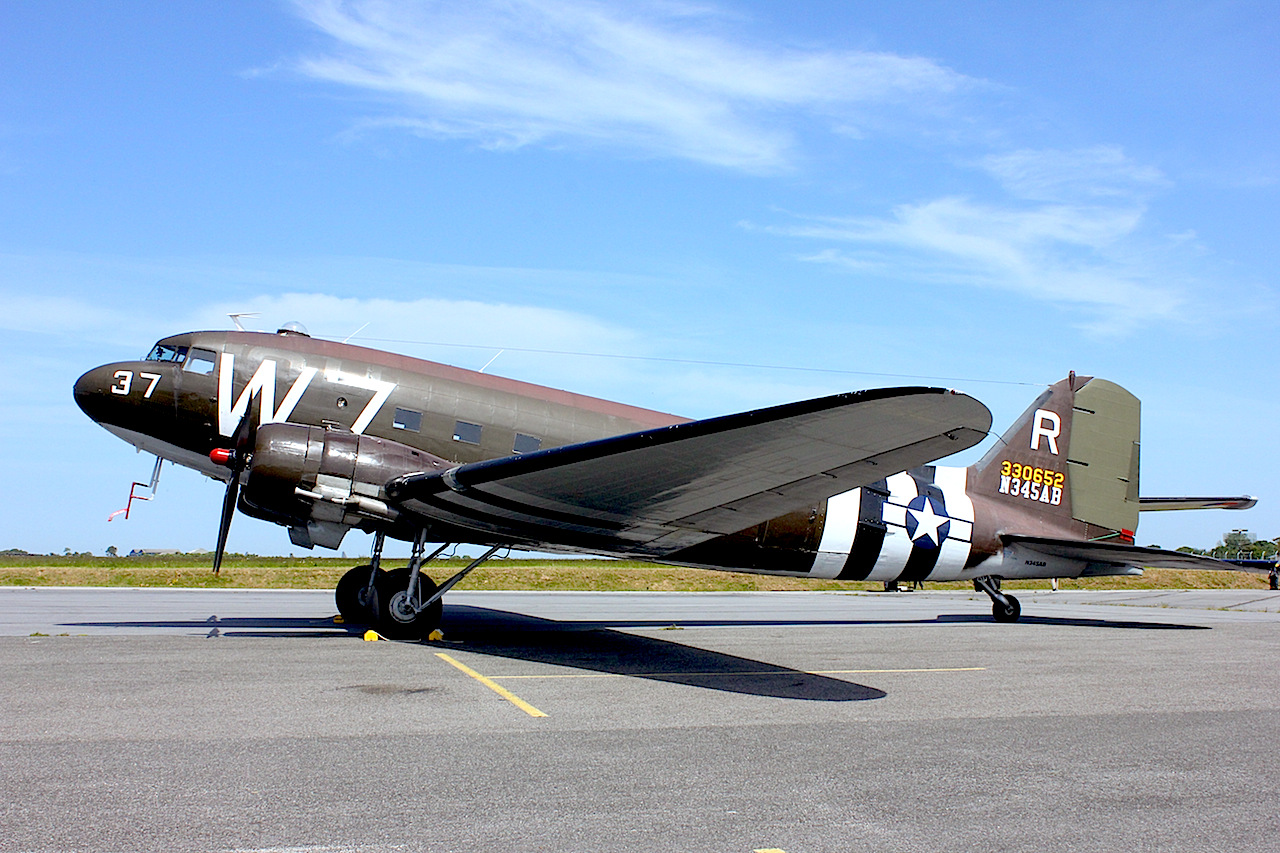 The 1941 Historical Aircraft Group of the National Warplane Museum, "Whiskey Seven" N345AB/330652 from Geneseo, upper New York State, USA arrived at Prestwick, UK on ay 20th via Goose, Narsarsuaq, Reykyavik. It was delivered in September 1943 and based with the 12th Air Force in Algiers, North Africa. It was civilianised in 1945 as NC65135 at Grand Prairie in Texas and in the 1960s flew with Eastern Provincial Airways in Canada as CF-RTB. It came to Geneseo in April 2005 from the Dakota Aviation Museum in New Hampshire. ( Photo by Geoff Jones)