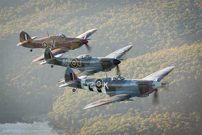 As the sun headed to the horizon, the lighting got better and better. Handley captures the formation at is absolute best—perfectly spaced. You could draw a straight line from Potter's wingtip to Aitken's and then to Erdos'. Photo: Peter Handley, Vintage Wings of Canada