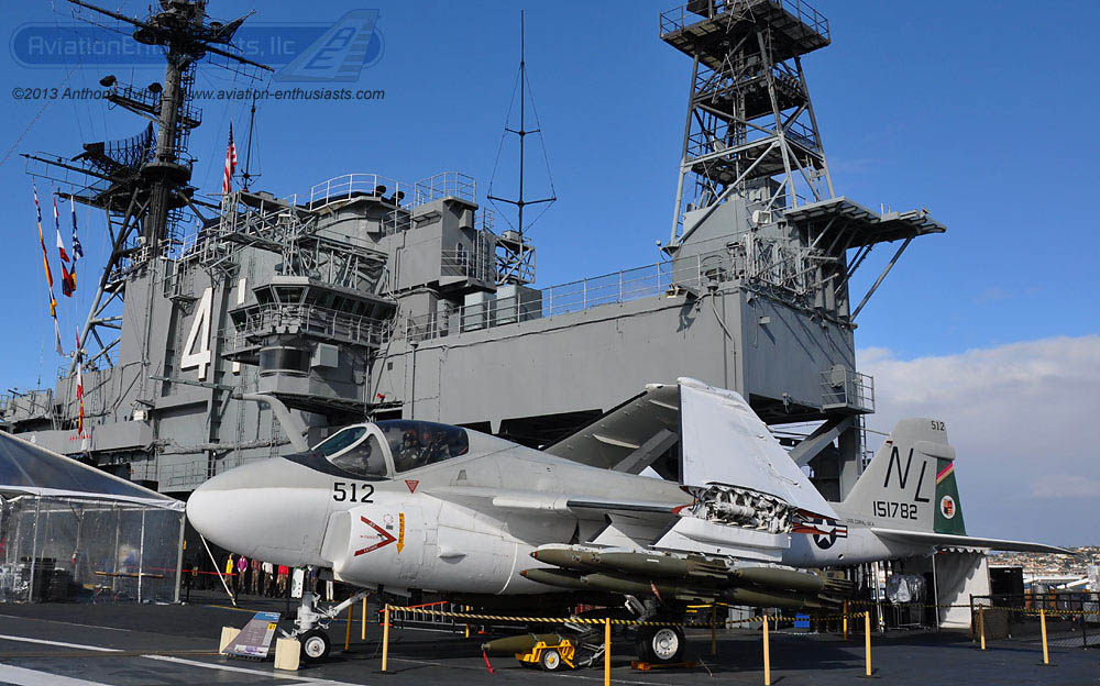 An A-6E Intruder aboard the USS Midway Museum. The Intruder wears the livery of Bengal 512 from VMA(AW)-224 on the left side of the aircraft.