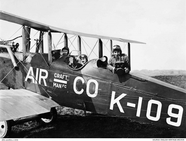 Francis Lewis Wills, Jerry Shaw and Claude Friese-Greene in a DH9B biplane, July 1919. ( © English Heritage. Aerofilms Collection)