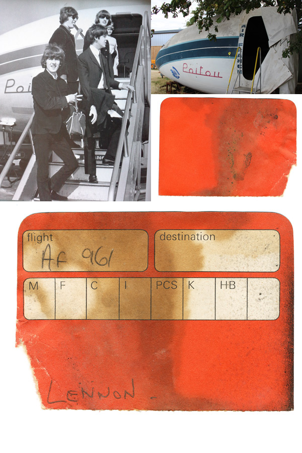 The boarding pass belonging to John Lennon which Nils Andersson found tucked away in the cockpit during restoration. The photo of the Beatles (with kind permission from Air France) shows them boarding 'Poitou' during a journey to France. (photos via Nils Andersson)