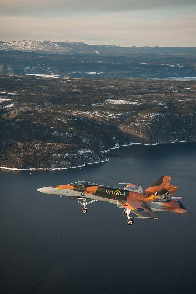 The 2015 CF-18 Hornet Demonstration Aircraft flies over the Saguenay River on April 1st, 2015 near 3 Wing Bagotville, Saguenay, Qué. (Image: Canadian Armed Forces - LS Alex Roy, Atelier d'imagerie Bagotville.)