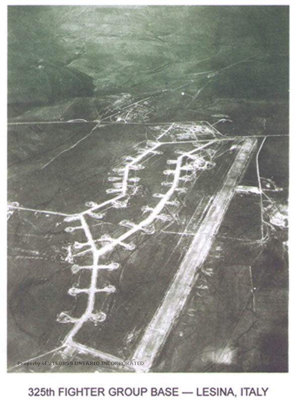 A wartime photo of the 325th FG airfield at Lesina. Thanks to Art Fiedler, an Ace with the 317th FS "Checkertails," and in his words: “Our runway heading ran close to 45°/225° ... our takeoffs were always to the Northeast (downhill) and the runway ended just before Lake Lesina”. (photo via Tom Ricci)