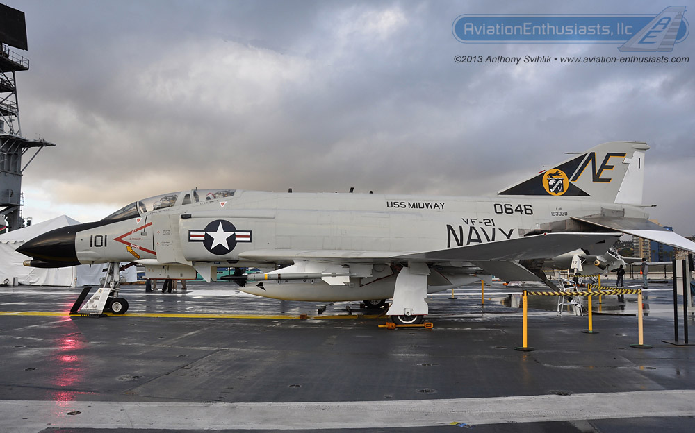 Here is a photo of an F-4 Phantom II aboard the USS Midway Museum.  The Phantom wears the livery of Sundown 101 from VF-21 on the left side of the aircraft. 