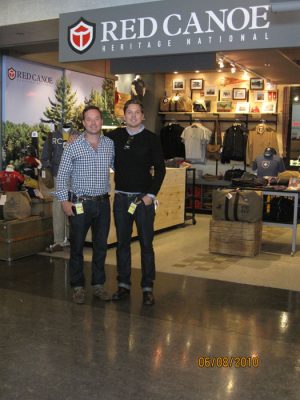 The Wilkinson brothers in front of Red Canoe's store at the Montreal Trudeau international airport